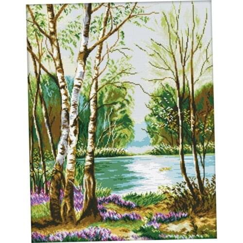 11 Count Stamped Cross Stitch Kits - Printed Forest & Lake Pattern 22x28in