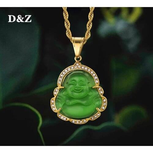 D&Z New Laughing Buddha Pendant Necklace Stainess Steel With CZ Stone Gold Color Hip Hop Charm Necklace Jewelry Men Women Gift