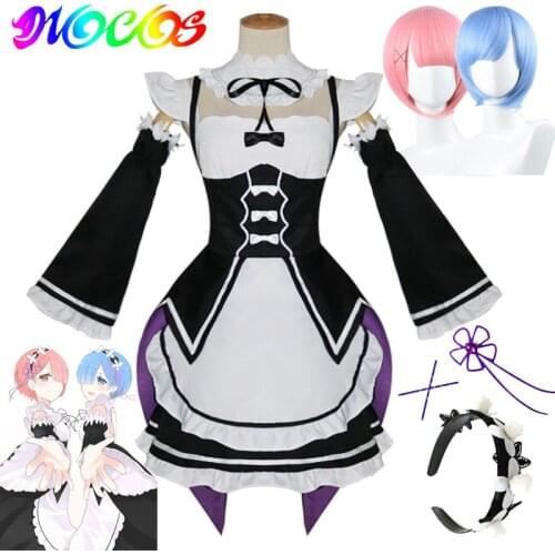 DIOCOS Re Zero Kara Hajimeru Isekai Seikatsu Ram Rem Cosplay Costume Wigs Maid Servant Dress for Halloween Party