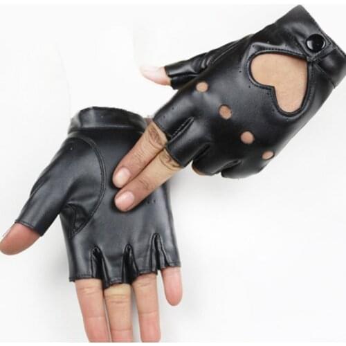 Fashion Women Half Finger Gloves Girls Cool Heart Hollow Faux Leather Nightclub Show Dance Fitness Fingerless Glove
