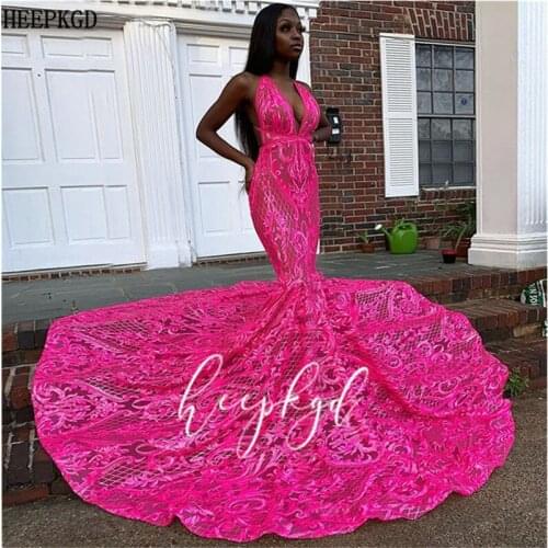 Fuchsia Long Train Lace African Prom Dresses Backless Mermaid Sexy Black Girls Graduation Party Dress Customize Pageant Gowns