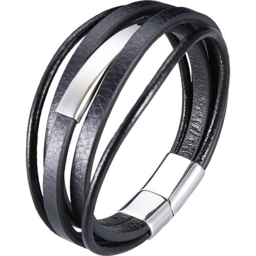 Hot Trendy Leather Bangles Men Stainless Steel Multilayer Braided Rope Bracelets Male Wristband Jewelry Punk Accessories PD1011