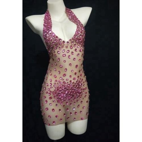Shining Pink Rhinestone Transparent Short Dress Women Sexy Backless Halter Prom Evening Celebrate Outfit Party Birthday Dress