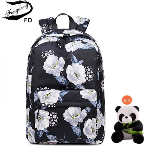 Fengdong girls school bags childrens school backpack child gift black flower backpack waterproof backpacks for teenage girls