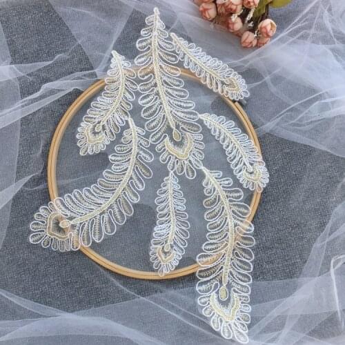 1Piece Leaf Styling Embroidery lace flower sticker white Rope Gold line transmittance pearl DIY Light wedding film 41.5cm*31cm