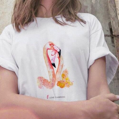 Flamingo Graphics Printed Ladies Tshirt Casual White Round Neck Simple Women T-shirt Fashion Trend New Ladies T shirt
