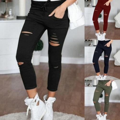 Plus Size Solid Color Drawstring High Waist Pencil Pants Ripped Skinny Leggings High Waist Pencil Pants Ripped Skinny Leggings