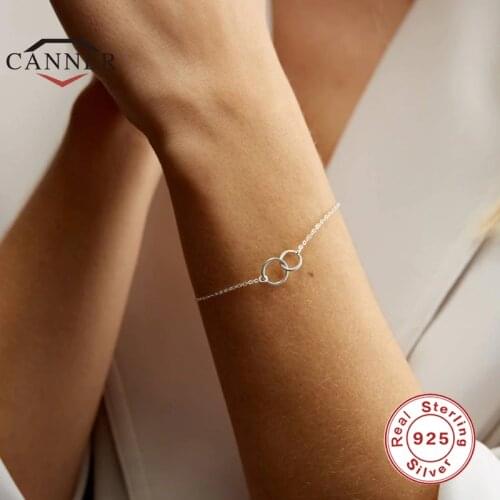 CANNER Real 925 Sterling Silver Double Circle Rings Chain Link Bracelet For Women Female Fine Jewelry pulseras free shipping