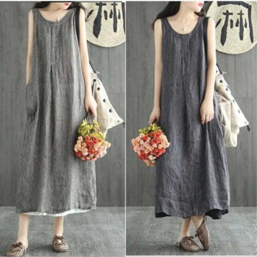 O-neck Plus Size Vintage linen Ladies Long Dresses Summer Women Maxi Dress Loose Casual Striped Clothes For Women Sleeveless