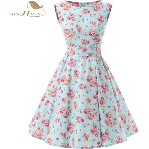 SISHION Women Floral Cotton Dresses Sleeveless Retro Plus Size Vintage Mint Green Casual Rockabilly Dress Tunic Vestidos VD0110