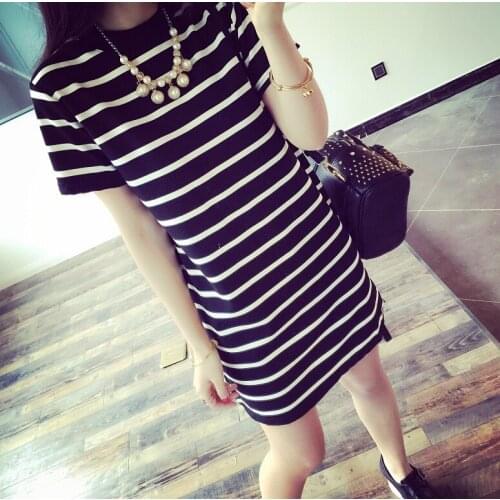 Vestidos Women Summer Short Sleeve O-neck Flare Sleeve Striped Mini Dresses Long T Shirts Casual Tees Girl Tops