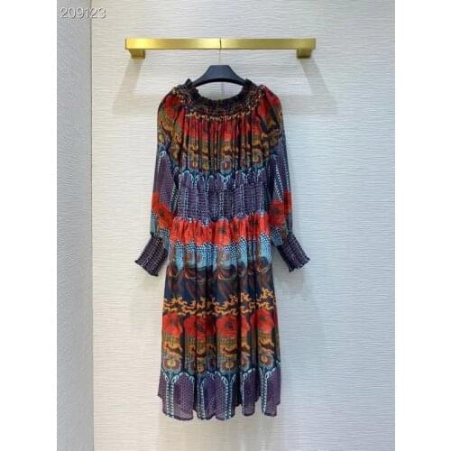 Women Summer Runway Knee-Length Dress Elegant Charming Flower Print Waist Elastic Slash Neck Long Lantern Sleeves Dresses