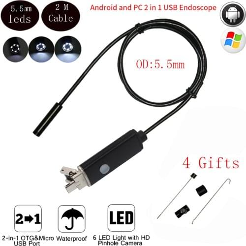 2M 5.5mm Lens HD USB Endoscope Cam IP68 Waterproof 6 LEDs Inspection Pipe Endoscope Camera Borescope For Android Phone PC
