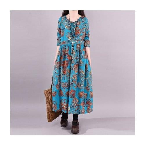 2020 Fashion Printed Casual Loose Cotton Linen 3/4 Sleeve Dress 2020 Hot Sale All-Match Comfort Long Sleeves