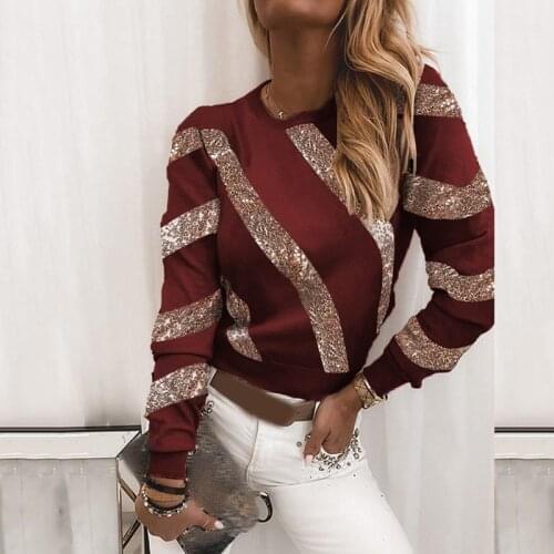 2021 Fashion Plus Size O-neck Striped Sequin Long Sleeve Tops Women Spring Autumn Clothes Casual Loose Tee Female Y2K Elegant