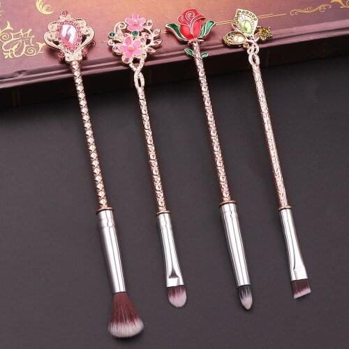 4pcs Rose Flower Gemstone Newest Makeup Brushes Cosmetics Soft Fiber Hair Crystal Makeup Blush Eye Shadow Eyebrow Brush Gift