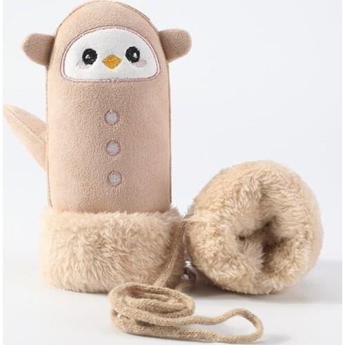 Childrens Gloves To Keep Warm In Autumn and Winter Outdoor Mitten Hanging Neck Plus Velvet Thick Suede Cartoon Cute