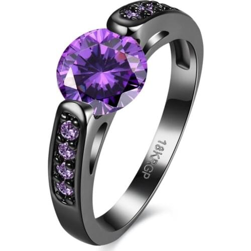 Hot Sale Exquisite Purple Crystal Zircon Ring Black Gold Filled Engagement Wedding Ring Size 6 7 8 PR863-B