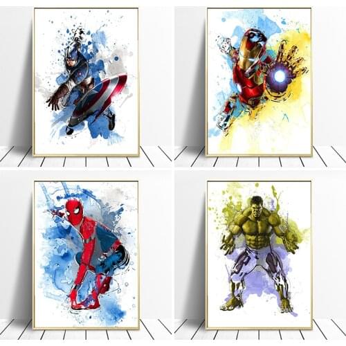 Marvel Superhero Watercolor Canvas Paintings Spiderman Captain IronMan Poster Wall Street Art Picture for Living Room Home Decor
