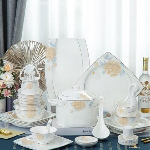 56 Heads Jingdezhen Ceramic Dinner Dish Rice Bowl Soup Bowl Salad Noodles Bowl dishes and plates Bowl Dinnerware Sets Tableware