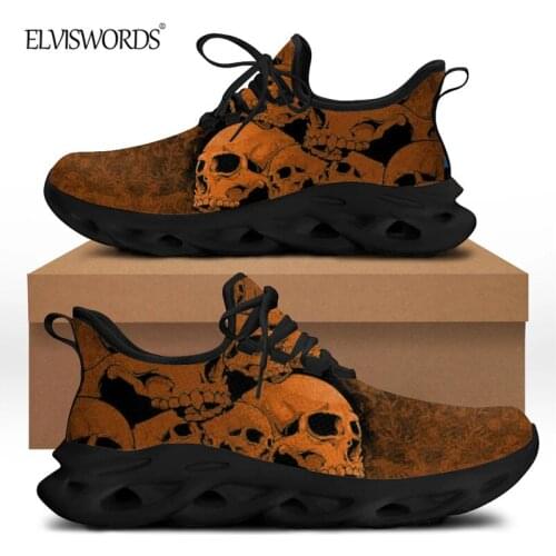 ELVISWORDS Vintage Yellow Skull Print Mens Comforable Lace-up Sneaker 2021 Fashion New Vulcanized Shoes Brand Design