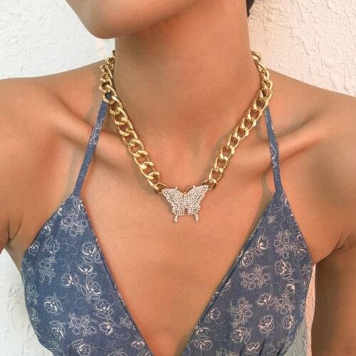 Lalynnly Popular Butterfly Rhinestone Necklace For Women Thick Clavicle Chain Female Girls Vintage Statement Jewelry Gifts N8608