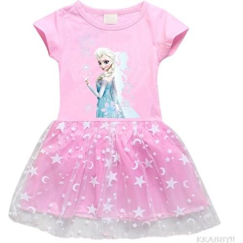 Disney Frozen Kids Cotton Summer Girls Short Sleeve Dresses Cartoon Wavelet point for Baby Girl Clothes