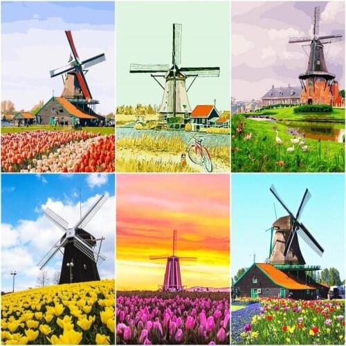 CHENISTORY Coloring By Numbers Windmill Kits Drawing Canvas Diy Pictures Oil Painting Handpainted Flowers Gift Home Decor
