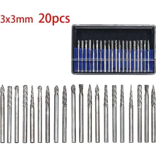 20pcs 3mm Shank Tungsten Carbide Rotary Burrs Set Rotary Files Drill Bit Wood Tool Electric Drive Tools Grinding Polishing Head