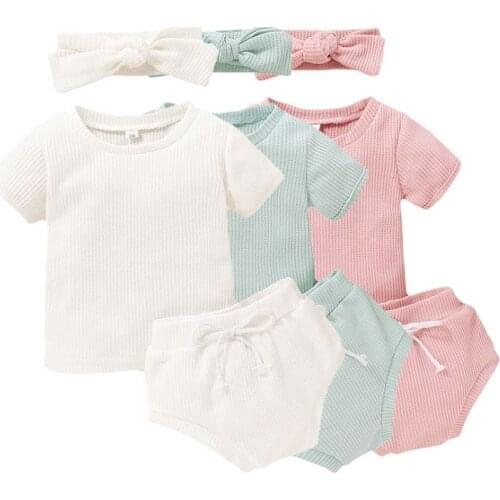 Baby Girl Clothes Summer O-Neck Baby Clothing T-shirt Top Short For Girls Outfits Casual Cotton Baby Tracksuit 3Pcs Knitted Suit