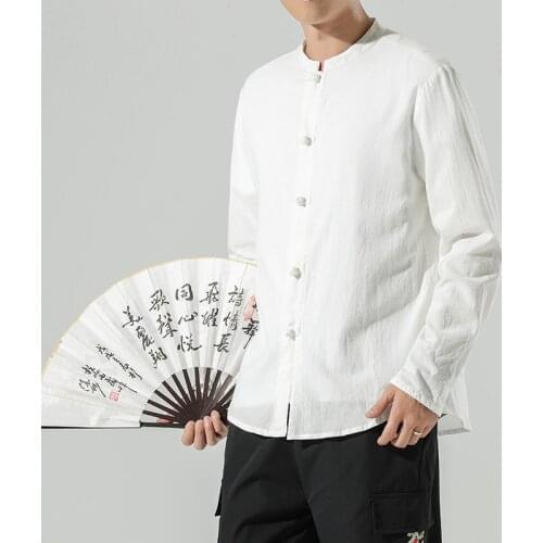 Autumn shirt men Long Sleeve Solid Color Stand Collar Top Chinese Style Tang Coat Coil Button pure cotton white Shirt Large
