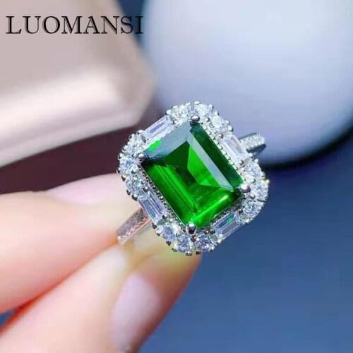 Luomansi 7*9MM Natural Emerald Diamond S925 Silver Ring High Jewelry Wedding Anniversary Woman Gift