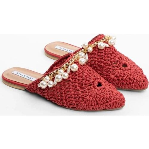 Knit Belt Pearl Detail Women Slippers jewelry accessory fashion home pearl stone handmade