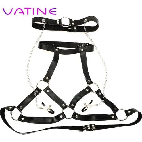 VATINE O Ring Mouth Gag Breast Clips Nipple Clamps PU Leather SM Bondage Body Harness Role Play Sex Toys For Women Restraints