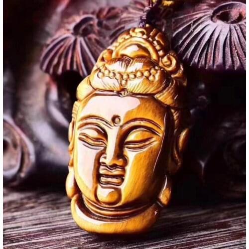 Yellow Tiger Eye Pendant Handcarved Guanyin Head Pendant For Lucky Buddha Pendant Man Amulet Charms Free Rope