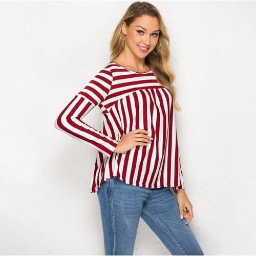 Women t-shirt Spring Summer Loose Casual Stripe Long Sleeve t-shirt O-neck Ladies Elegant Female Clothing