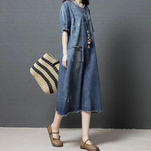 Women Denim Dress Korean Style Blue Vintage 2021 Summer New O-Neck Patchwork Female Clothes Casual Dresses Loose