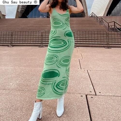 Knitted Strap Dress Woman 2021 Summer New Vintage Slim Hollow Water Ripple High Waist Bodycon Midi Dress Female Jumper Mujer