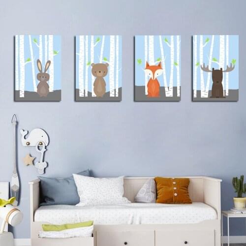Cartoon Canvas Painting Wall Nursery Boy Forest Landscape Animal Rabbit Bear And Elk Poster And Print Kid BedRoom Decoration