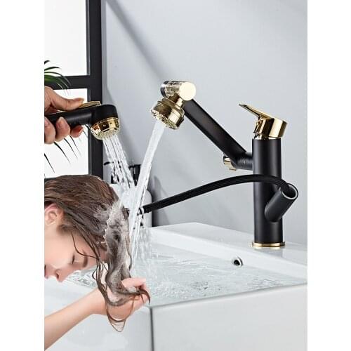 Gold Pull Out Type Bathroom Basin Faucet Brass Sink Mixer Crane Tap Hot & Cold Deck Mount Single Handle Rotat Dual Mode Effluent