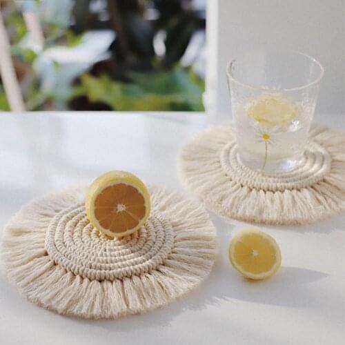 2Pcs Round Heart Tassel Placemat Braided Cup Bowl Plate Non-slip Insulated Mat