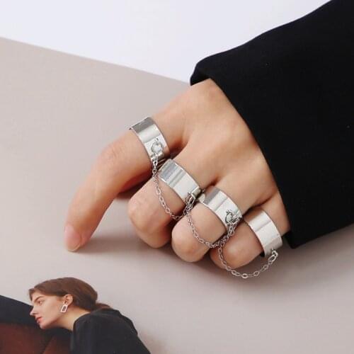 4pcs/set Hip Pop Rings Set Silver Color Link Chain Personality Punk Rings for Women Open Finger Rings Party Gift Jewelry