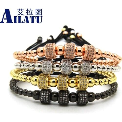 Ailatu Mens Jewelry 3 Micro Pave Cz Cylinder Beads Macrame Bracelet 4mm Stainless Steel Beads New Luxury