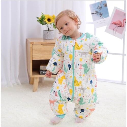 Baby cotton split leg sleeping bag for autumn and winter thick detachable sleeve anti-kick quilt for children