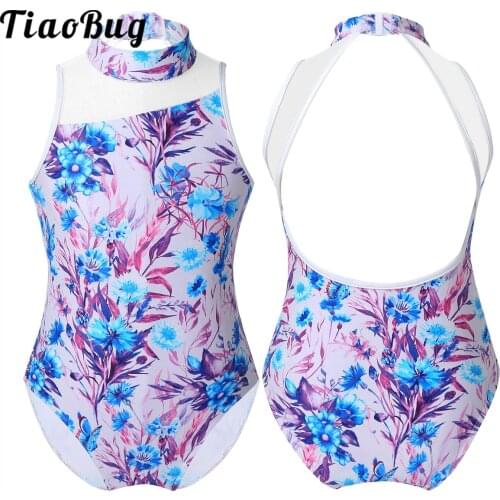Kids Girls Printed Mock Neck Ballet Dance Bodysuit Athletic Skating Gymnastics Stage Performance Leotard