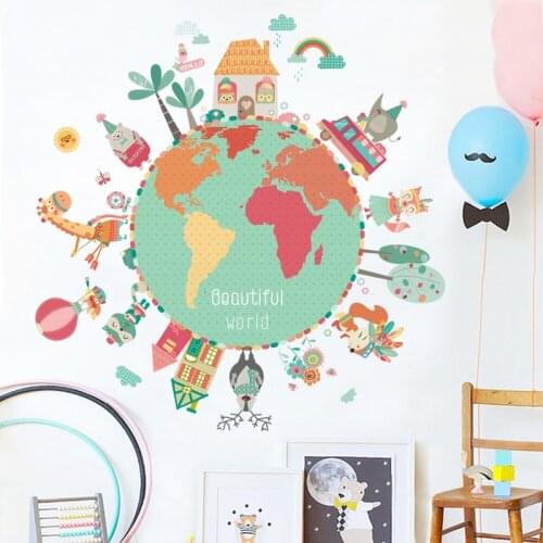 World Map Animals Wall Stickers Room Decorations DIY Cartoon Children Home Decals Kids Room Decoration Mural Art