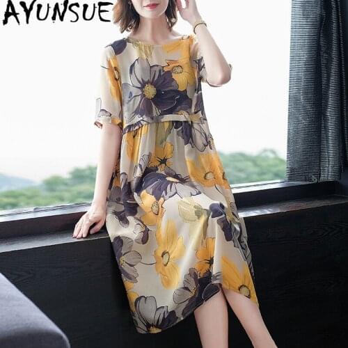AYUNSUE Summer Silk Dress Women Floral Casual Dress Korean Flower Casual Vintage Dresses for Women Beach Vestidos KJ4541