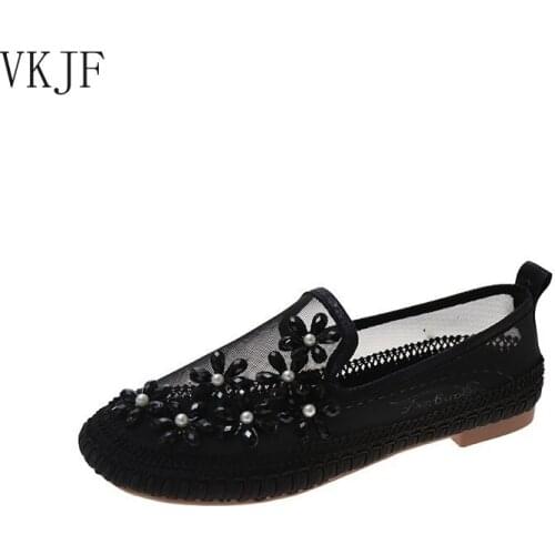 Summer Womens Casual Flat Shoes 2021 Rhinestones Flats Ladies Single Shoes Air Mesh Round Toe Loafers Female