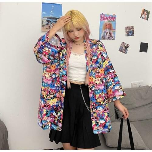 Summer New Women Commuter Shirt Harajuku INS Korea American Vintage Cartoon Animation Full Printing Casual Loose Fashion Men Top