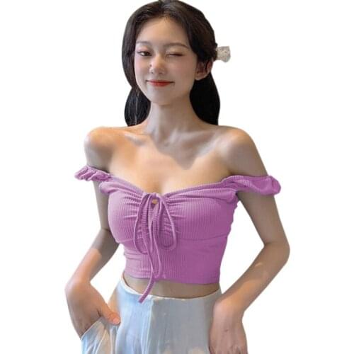 Summer Womens Tshirt One-word Stretchable Shoulder Strap Knitted Short Sleeves Tee Tops